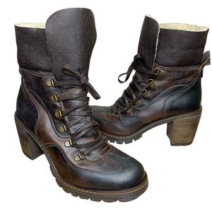 Aldo Brown Leather Boots Block Heel Sherpa Fleece Sz 38 Lace Up Fold Over Hi Top